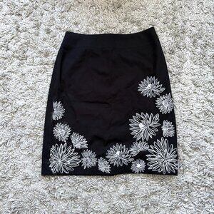 Black with White Embroidery Mid-Length Skirt | Cotton Office Wear |